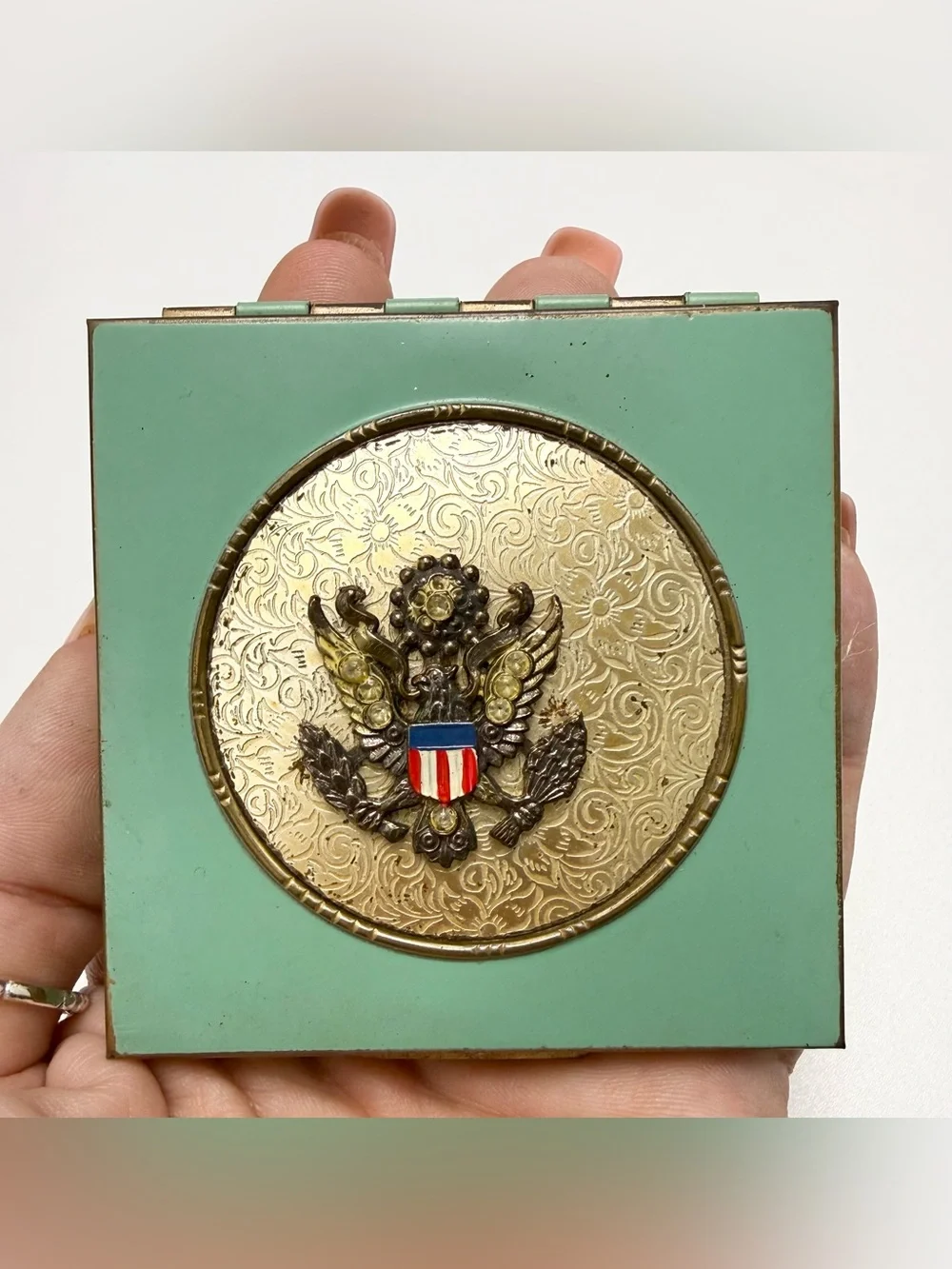 RARE 1940 Vintage Mint Green Enamel WWII Patriotic Makeup Compact Rhinestone